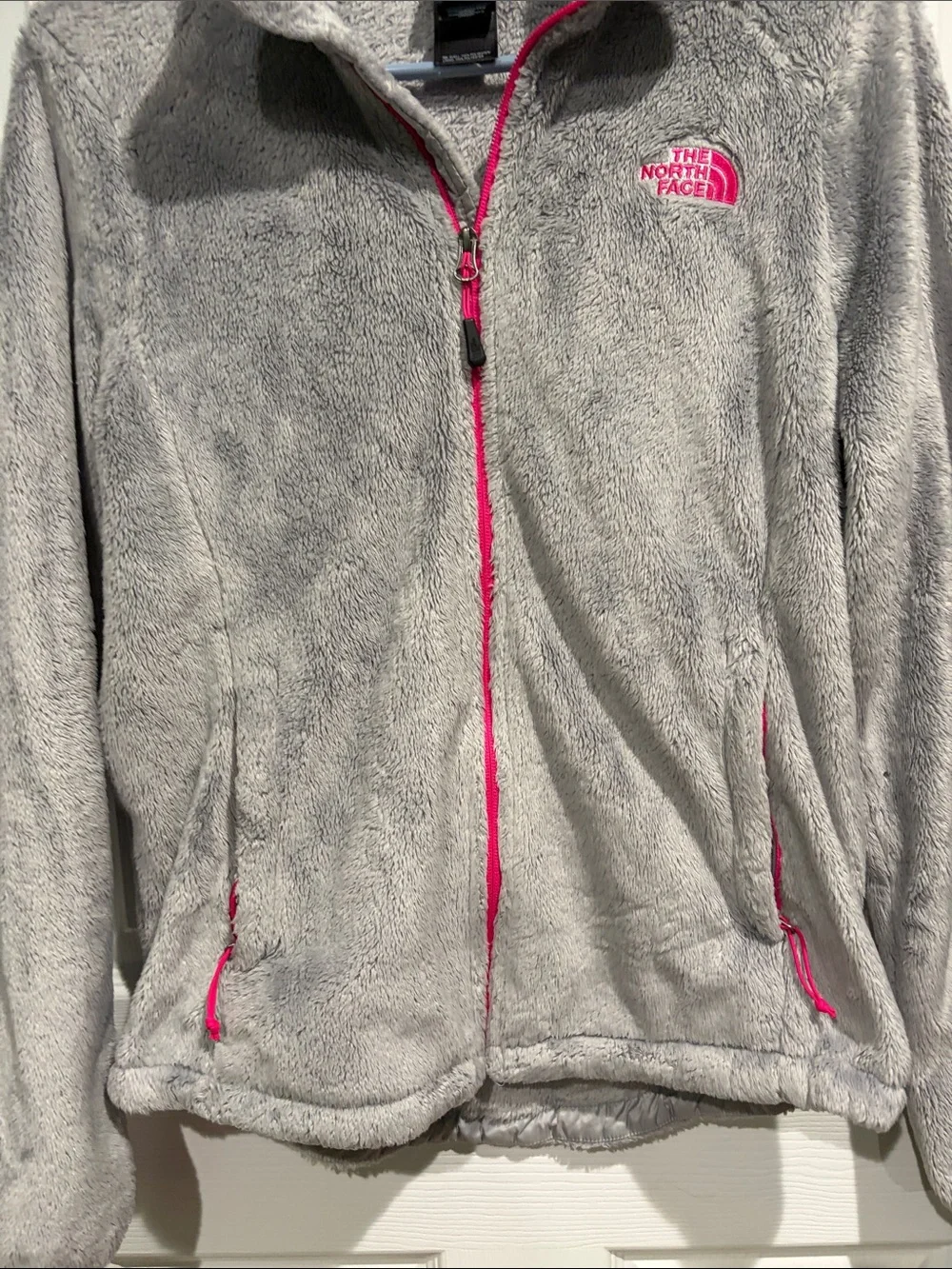 The North Face Light Gray Fuzzy Full-Zip Jacket with Pink Accents size medium
